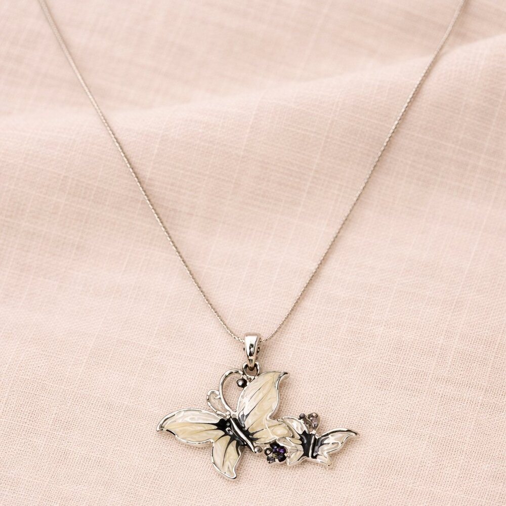 Enamel Butterfly Pendant Necklace 925 Sterling Silver Chain 18" - Picture 2 of 6